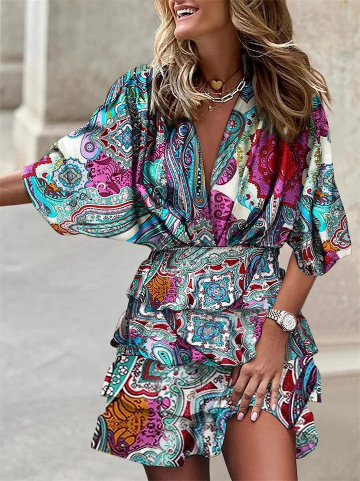 Elastické dámské šaty s V výstřihem, květinovým potiskem, volány a netopýřími rukávy