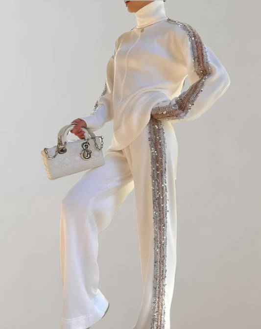 ALZINA - Stylová souprava s bílým třpytivým svetrem a širokými kalhotami